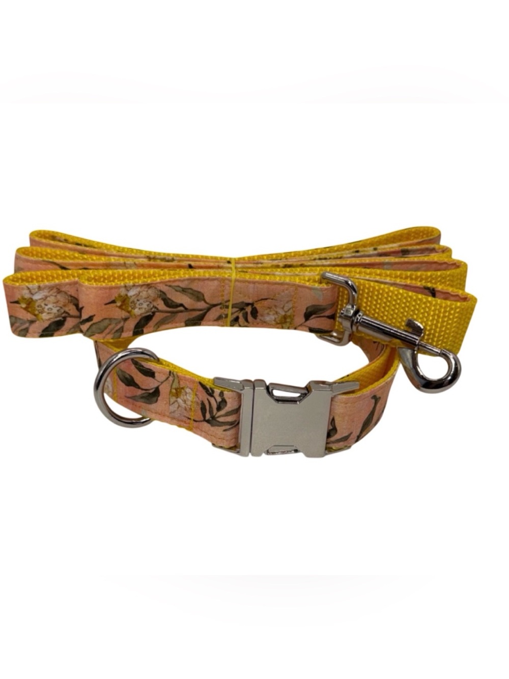 Dog Collar & Leash Yellow & Peach Color Flower Print Large Handmade Heavy Duty